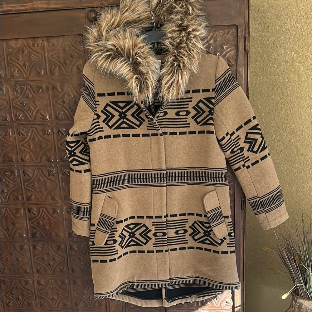 BB Dakota Chic Tan Coat with Faux Fur Hood